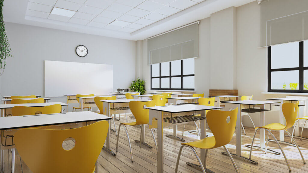 Classroom design with modern desks, yellow seats 3D rendering